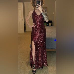 Nightway Ruby Red Sequin Evening Gown Size 6 | Cross Back | Slit | 100% Glam 🤩